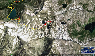 Birdseye view of the Enchantments and our hike for the weekend.  We camped where the yellow line stops
