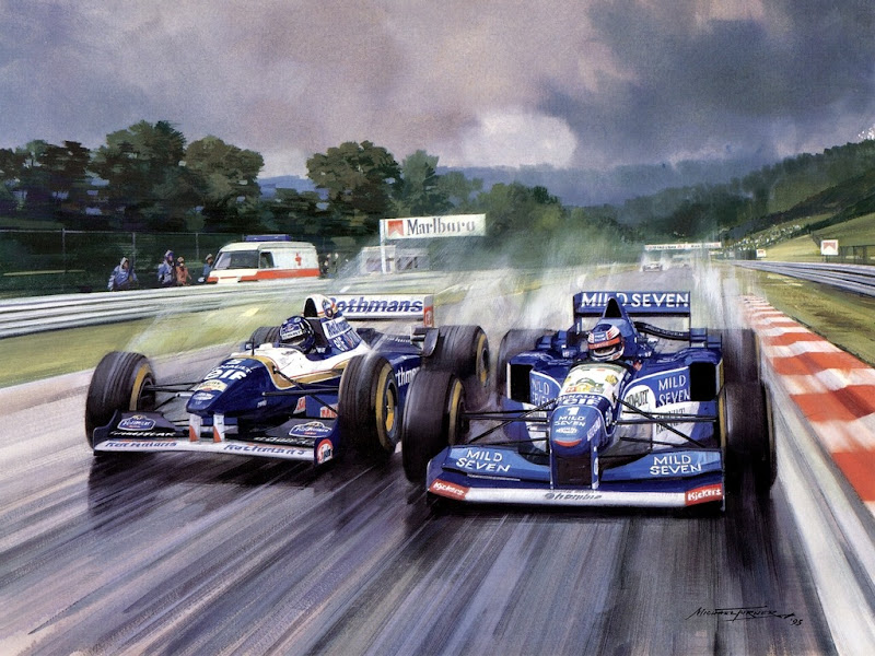сражение между Деймоном Хиллом на Williams и Михаэлем Шумахером на Benetton в Спа на Гран-при Бельгии 1995 - картина Michael Turner