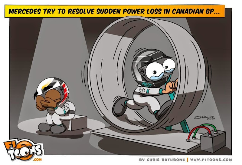 горюющий Льюис Хэмилтон и Нико Росберг в колесе - комикс Chris Rathbone по Гран-при Канады 2014