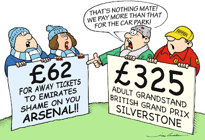 футбольные и формульные болельщики обсуждают цены на билеты - комикс Jim Bamber