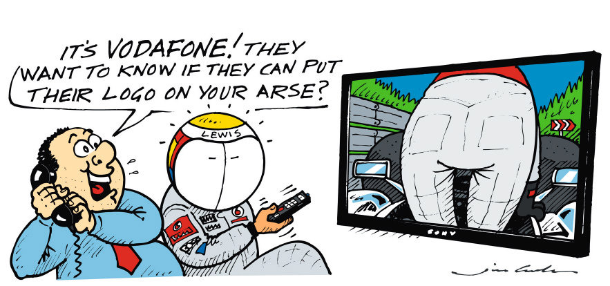 комикс Jim Bamber о предложении Vodafone Льюису Хэмилтону после Гран-при Бельгии 2011