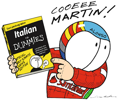 Фернандо Алонсо с книжкой Italian for Dummies - комикс Jim Bamber по Гран-при Венгрии 2012