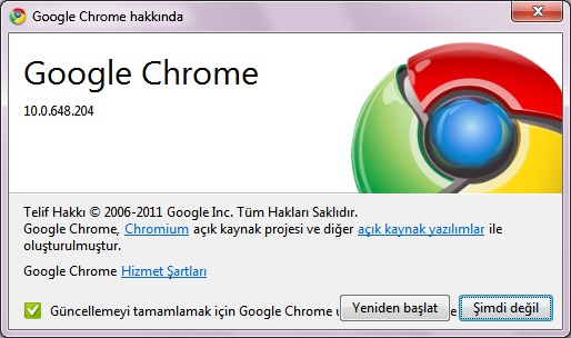 Google Chrome 10.0.648.205 Güncelleme