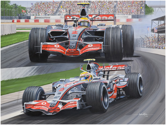 рисунок Льюис Хэмилтон на McLaren одерживает свою первую победу в Формуле-1 в Монреале на Гран-при Канады 2007