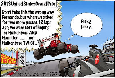 Фернандо Алонсо дважды обгоняет Нико Хюлькенберга - комикс Bruce Thomson по Гран-при США 2013