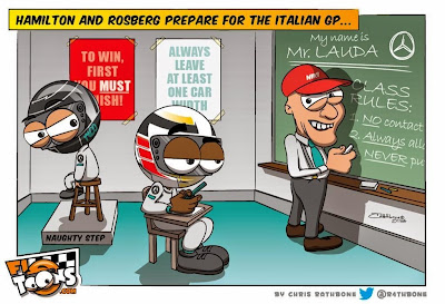 Ники Лауда даёт урок Нико Росбергу и Льюису Хэмилтону - комикс Chris Rathbone перед Гран-при Италии 2014