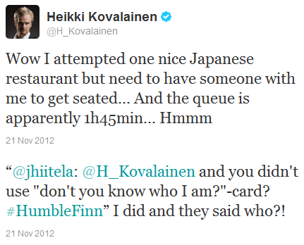 Хейкки Ковалайнен в твиттере о своем походе в японский ресторан