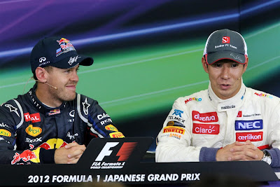 Себастьян Феттель и Камуи Кобаяши на пресс-конференции победителей и призеров на Гран-при Японии 2012