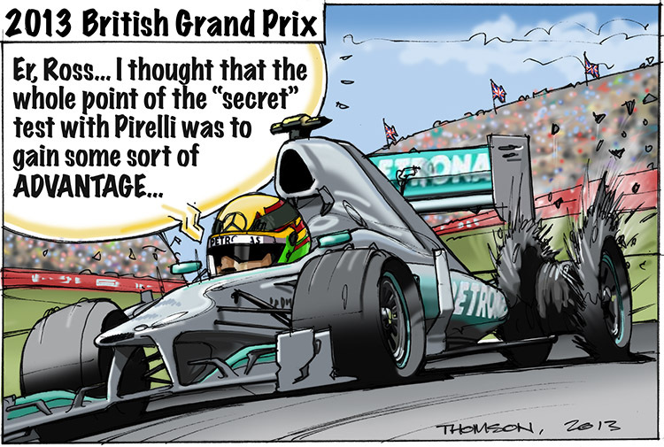 Льюис Хэмилтон взрывает покрышку Pirelli на Гран-при Великобритании 2013 - комикс Bruce Thomson