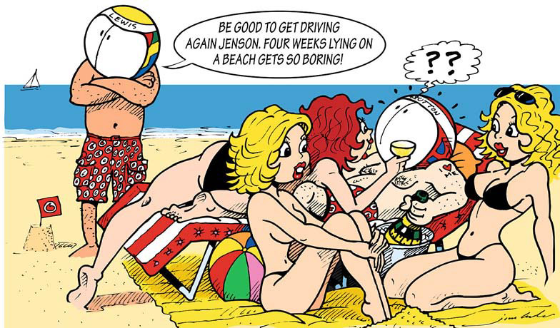 комикс Jim Bamber - Льюис Хэмилтон и Дженсон Баттон на пляже во время летнего перерыва 2011