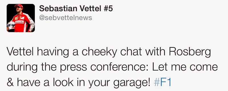 Vettel having a cheeky chat with Rosberg during the press conference: Let me come & have a look in your garage! #F1