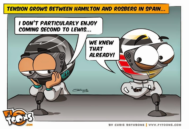 Напряжение между Хэмилтоном и Росбергом нарастает - комикс Chris Rathbone по Гран-при Испании 2014