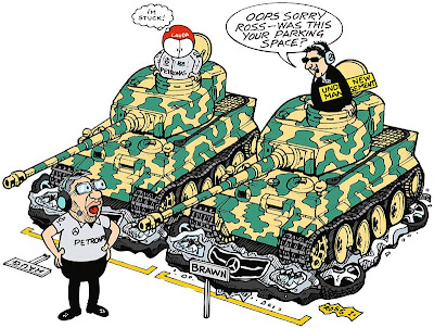 Михаэль Шумахер и его менеджер на танках давят Mercedes - комикс Jim Bamber