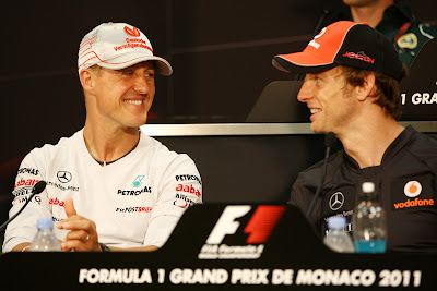 Михаэль Шумахер и Дженсон Баттон на пресс-конференции в среду на Гран-при Монако 2011