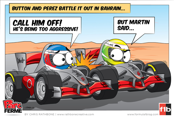сражение напарников по McLaren Дженсона Баттона и Серхио Переса на Гран-при Бахрейна 2013 - комикс Chris Rathbone