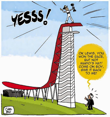 Льюис Хэмилтон празднует победу на башне - комикс Cirebox по Гран-при США 2014