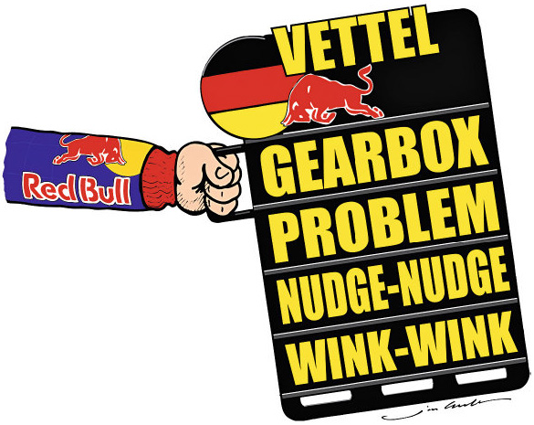 комикс Jim Bamber про проблемы с коробкой передач на болиде Red Bull Себастьяна Феттеля во время Гран-при Бразилии 2011