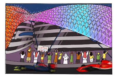 болельщики восхищаются отелем Яс на Гран-при Абу-Даби 2013 - комикс Stuart Taylor