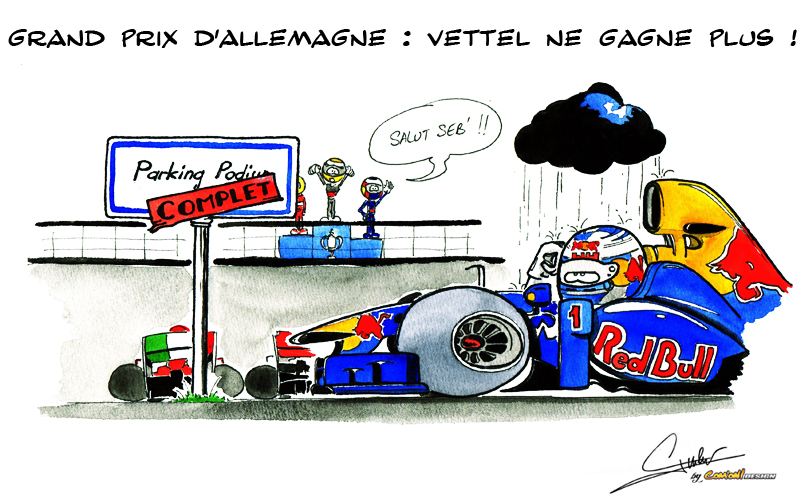 Себастьян Феттель не добирается до подиума на своем Red Bull на Нюрбургринге - комикс от Quentin Guibert по Гран-при Германии 2011