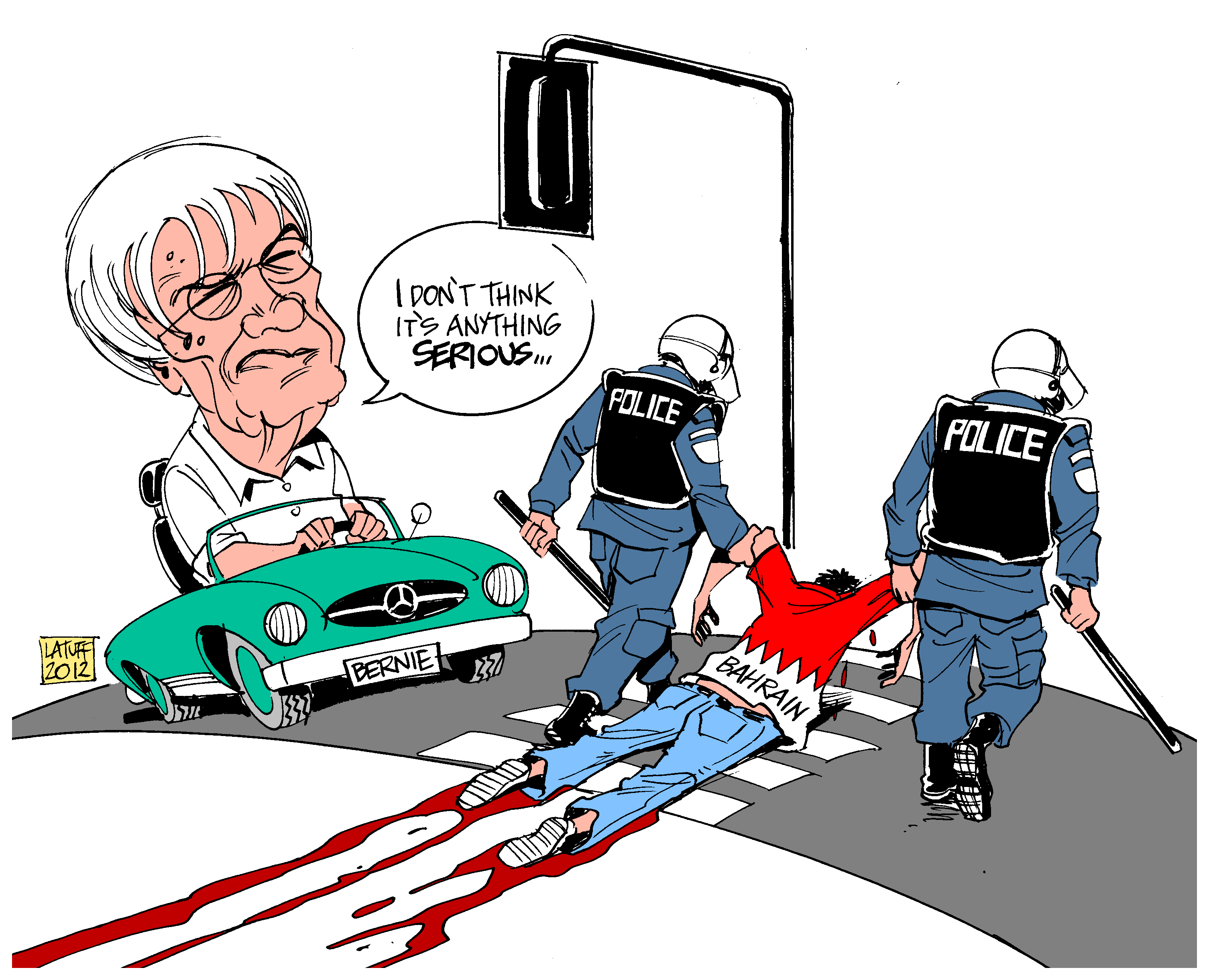 Берни Экклстоун и полиция Бахрейна комикс Carlos Latuff