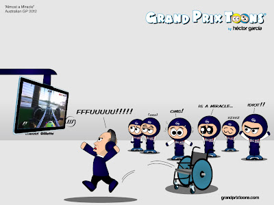 Фрэнк Уильямс встает с инвалидного креста после аварии Пастора Мальдонадо на последнем круге Гран-при Австралии 2012 - комикс Grand Prix Toons
