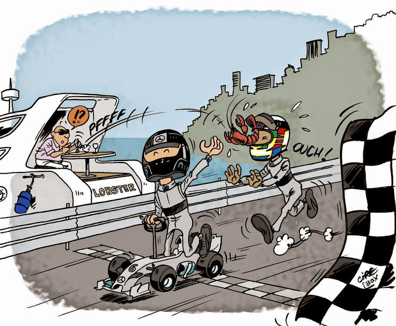 Нико Росберг впереди Льюиса Хэмилтона на финише - комикс Cirebox по Гран-при Монако 2014