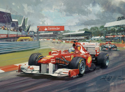 Фернандо Алонсо лидирует за Ferrari в Сильверстоуне на Гран-при Великобритании 2011 - картина Michael Turner