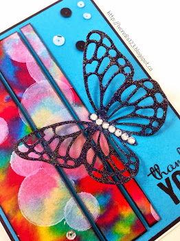 Linda Vich Creates: Butterfly and Broken Bokeh. A bold bokeh background is given a new life by cutting it into strips and adhering it to a card stock background adorned with a glittery butterfly from the Butterfly Thinlits.