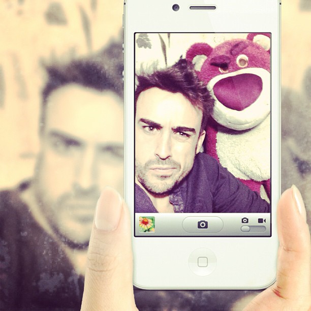 Фернандо Алонсо и медведь фотографируются на телефон