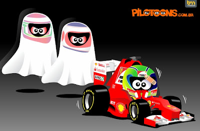 pilotoons Фелипе Масса и призраки Ярно Трулли и Рубенса Баррикелло позади его Ferrari