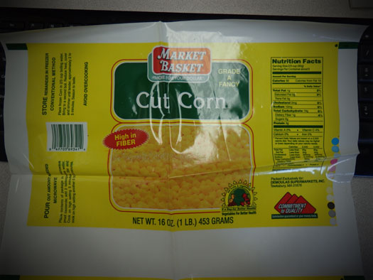 Front Label of  Market Basket Cut Corn, 16 oz.  Frozen