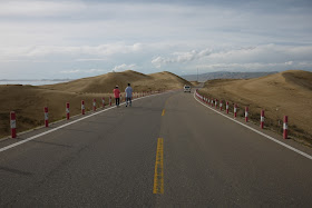 road scene with sand dunes in Qinghai, China