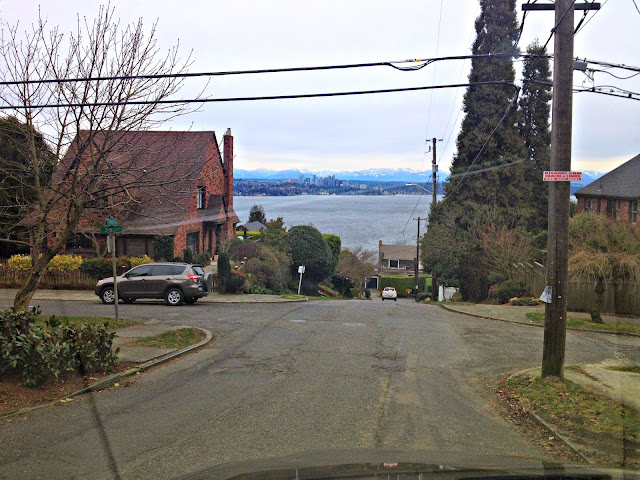 Looking east over Lake Washington at the Bellevue Skyline from E Cherry Street and 36th Avenue E, Seattle, Washington.