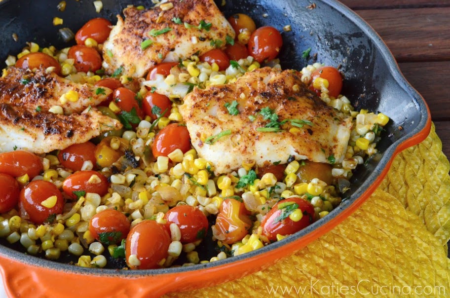 Mexican Corn & Grape Tomato Skillet with Grouper from KatiesCucina.com