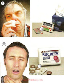 9. He has a cold 10. cold medicine 11. tissues 12. He has a sore throat 13. throat lozenges Minor ailments, remedies at the pharmacy - Health - Photo Dictionary Online