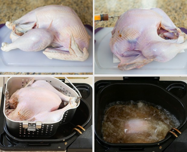 photo collage showing steps for deep frying a turkey
