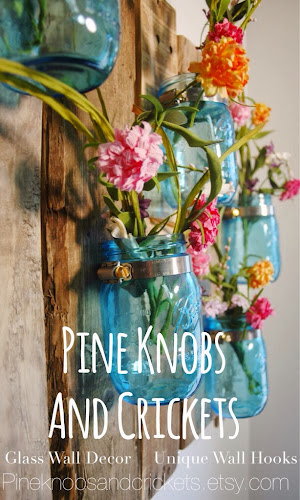 Pineknobs and crickets, glass wall art, mason jar wall hanging, blue mason jars