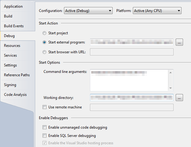 Debug project properties