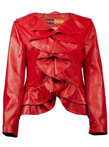 FactoryExtreme Ruffled Bella Women's Red Leather Jacket, Red - Small