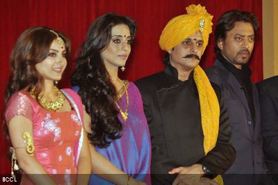 (L-R) Soha Ali Khan, Mahi Gill, Jimmy Shergill and Irrfan Khan come together during the first look unveiling, held at JW Marriott in Mumbai on January 31, 2013. (Pic: Viral Bhayani)<br /> 