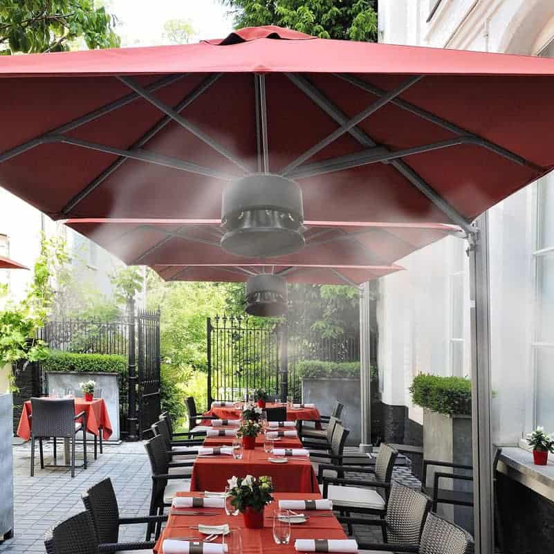 Outdoor Misting Ceiling Fan in open restaurant