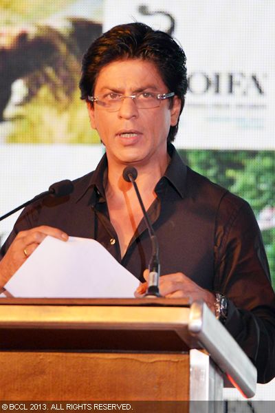 Shah Rukh Khan addresses the media at the unveiling of 'Times of India Film Awards' trophy, held in Mumbai on January 29, 2013.