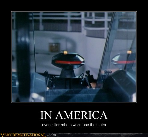 photo of robot using an escalator...in America, even killer robots don't use the stairs