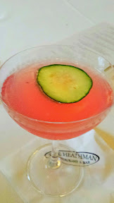 Heathman Cocktail Menu example, the Cucumber Rouge with Superfly Potato Vodka, Pomegranate, Fresh Cucumber, lemon elixir, Citronella Cocktail Perfume