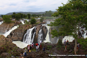 Tourists admire the five falls on the Tamil Nadu side of Hogenakkal Falls - this is where the Roja movie was shot