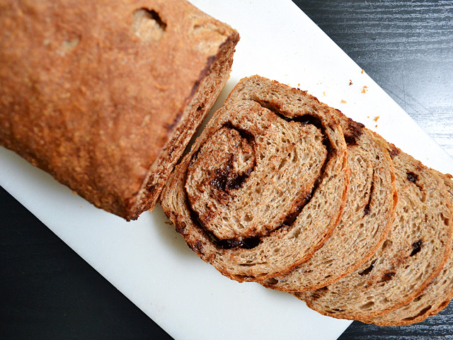 chocolate cinnamon swirl bread slices slices off loaf 