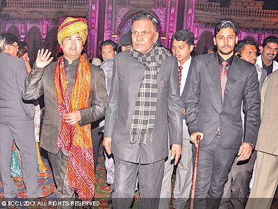Gaurav Choudhary (L) and Beni Prasad Verma during the wedding ceremony of Komal and Mayank Chowdhury, held in Lucknow. 
