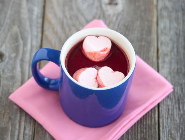 overhead photo of a mug of Red Velvet Hot Chocolate