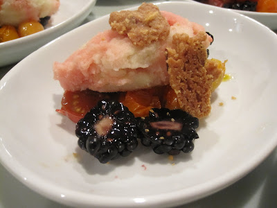 Honey-roasted tomatoes with swirled tomato & lemon-basil sorbets, almond streusel and blackberries.