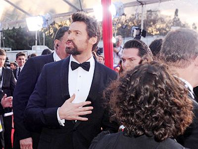 Actor Hugh Jackman arrives at the 19th Annual Screen Actors Guild Awards, held at The Shrine Auditorium in Los Angeles on January 27, 2013. (Getty Images)